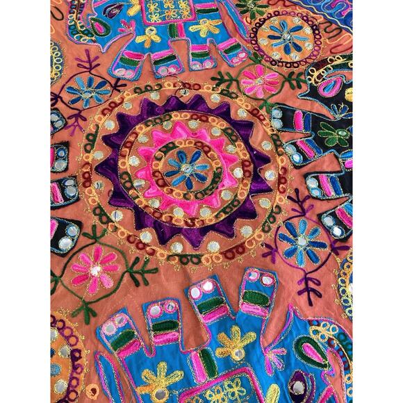 Wall Hanging table topper cotton Elephant embroidery Mirrors 35” Round Boho - Picture 3 of 16